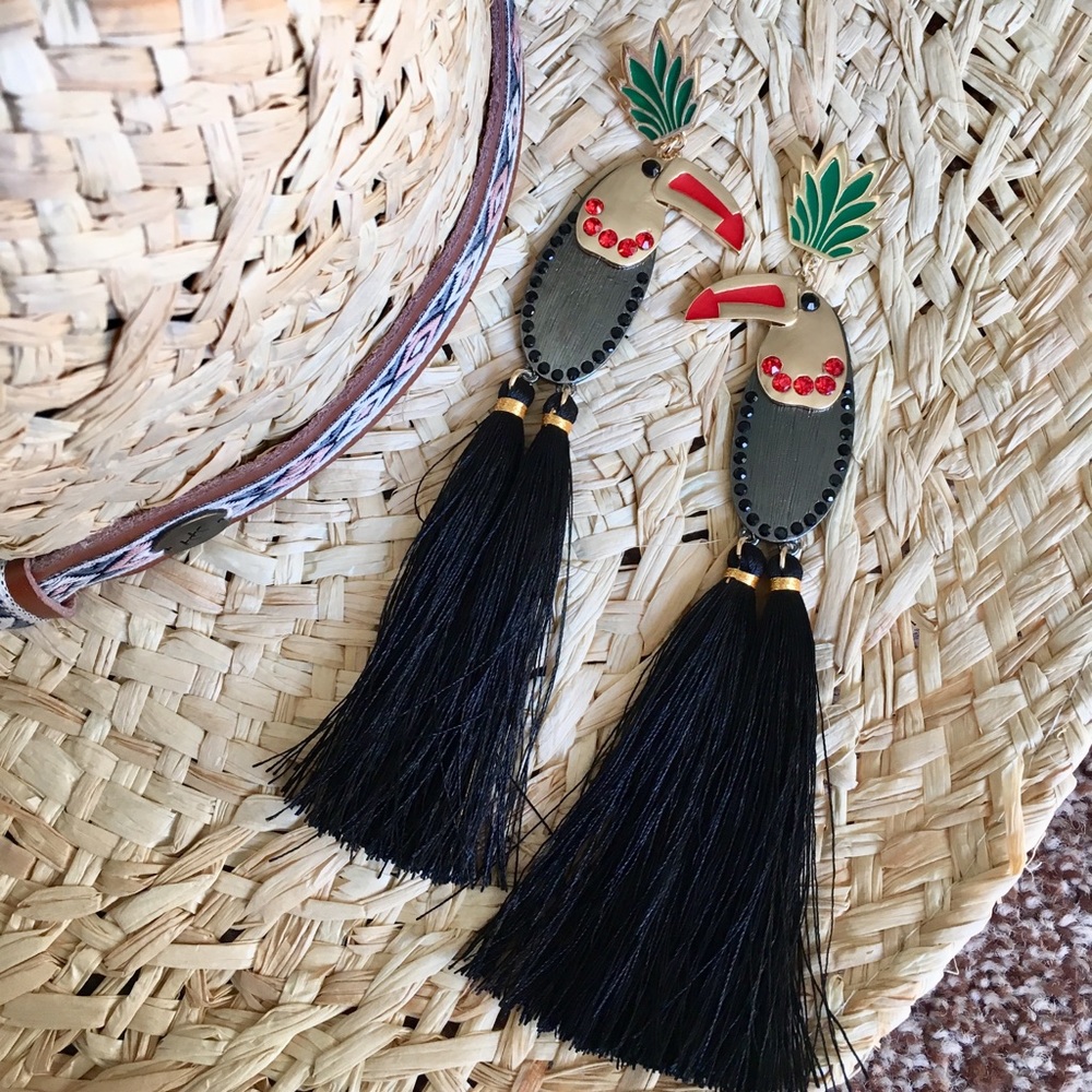 Black Parrot πΊ Tassel Statement Jeweled Earrings - Picture 1 of 8